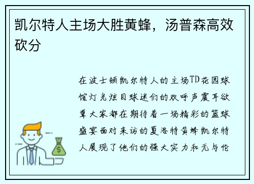 凯尔特人主场大胜黄蜂，汤普森高效砍分