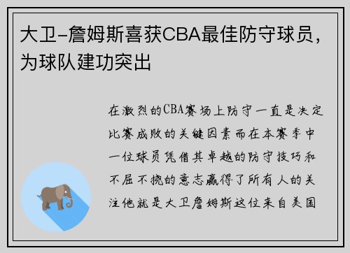 大卫-詹姆斯喜获CBA最佳防守球员，为球队建功突出