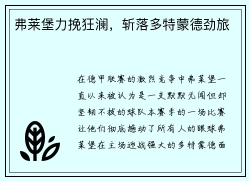 弗莱堡力挽狂澜，斩落多特蒙德劲旅