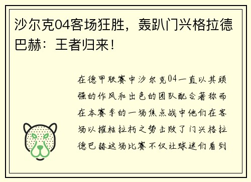 沙尔克04客场狂胜，轰趴门兴格拉德巴赫：王者归来！