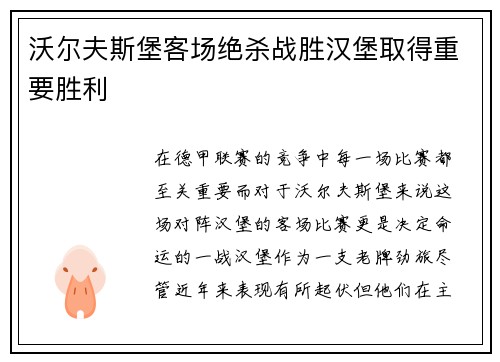 沃尔夫斯堡客场绝杀战胜汉堡取得重要胜利